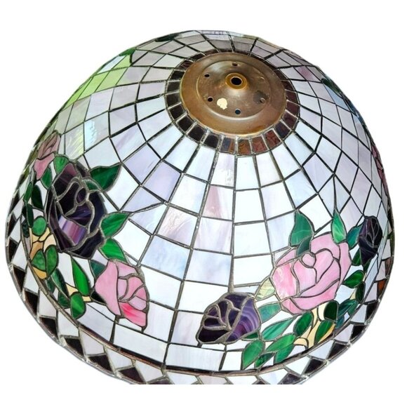 Vintage Light Pendant Tiffany-Style Stained Leaded Glass Floral Brass 21" Dia - Picture 3 of 13
